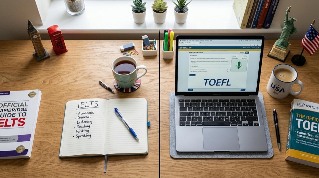 A desk split between IELTS (British theme) and TOEFL (American theme) with books and a laptop