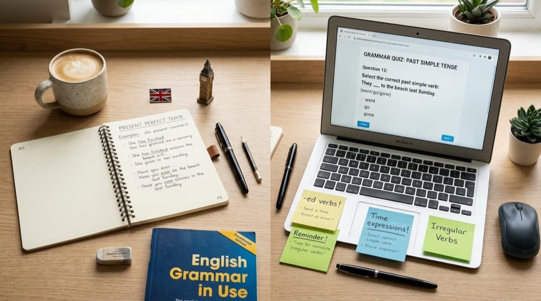 Radni sto podeljen na Present Perfect (sveska) i Past Simple (kviz na laptopu) sa gramatičkim materijalima